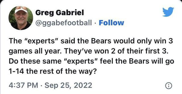 Greg Gabriel @ggabefootball

The “experts” said the Bears would only win 3 games all year. They've won 2 of their first 3. Do these same “experts” feel the Bears will go 1-14 the rest of the way?

4:37 PM - Sep 25, 2022 
