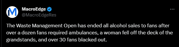 The Waste Management Open has ended all alcohol sales to fans after over a dozen fans required ambulances, a woman fell off the deck of the grandstands, and over 30 fans blacked out. 