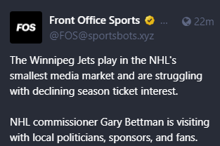 The Winnipeg Jets play in the NHL's smallest media market and are struggling with declining season ticket interest.

NHL commissioner Gary Bettman is visiting with local politicians, sponsors, and fans.