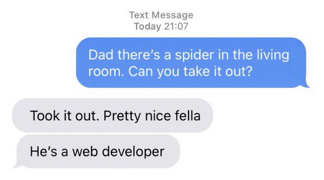 Text Message Today 21:07 

Dad there's a spider in the living room. Can you take it out? 

Took it out. Pretty nice fella He's a web developer 