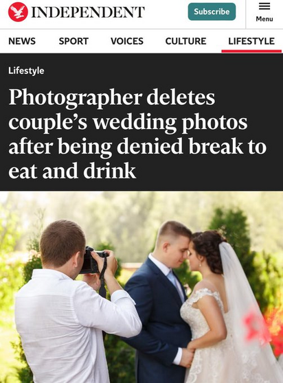 Photographer deletes couple’s wedding photos after being denied break to eat and drink.