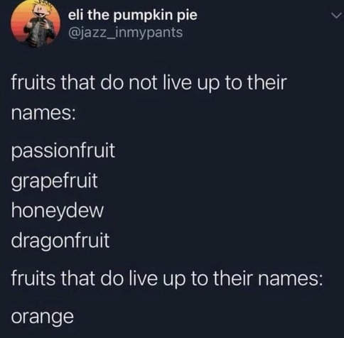 eli the pumpkin pie  @jazz_inmypants 

fruits that do not live up to their names: 
passionfruit 
grapefruit 
honeydew 
dragonfruit 

fruits that do live up to their names: orange